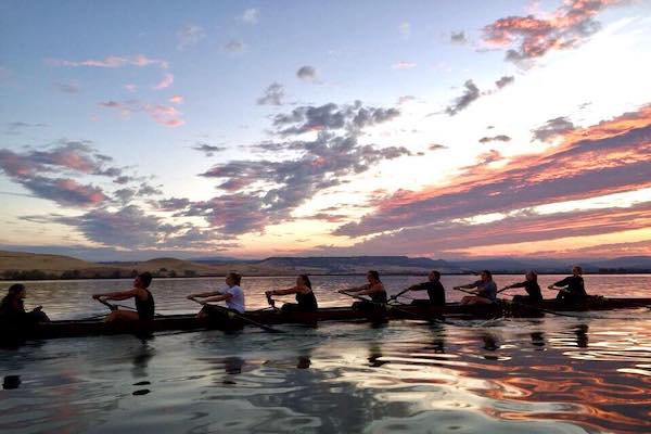 Chico State rowing team rowing at sunset