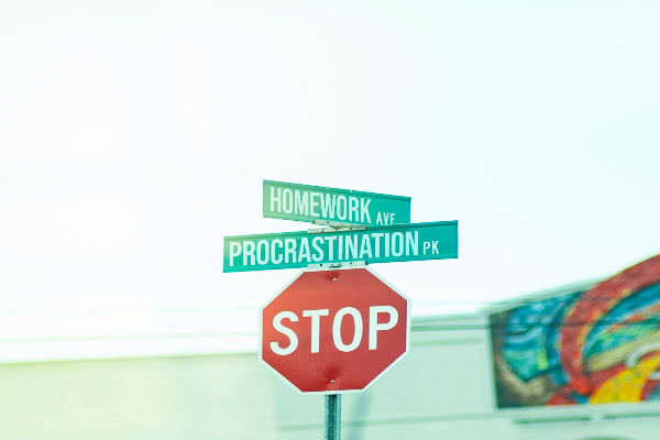 Street signs that read homework, procrastination and stop.