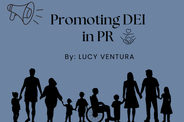 Airhorn emphasizing text that says “Promoting DEI in PR”. There’s a graphic of hands holding with a heart above it and below there is a graphic showing people of different genders, ages and disabilities holding hands.